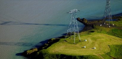 Aerial view of rural power lines
